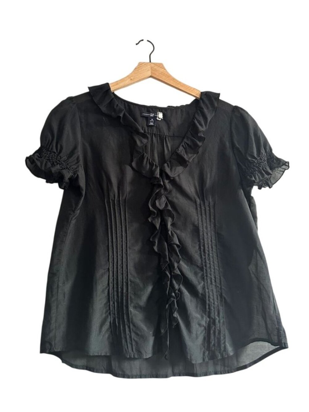 Gap Black Semi Sheer Ruffle Blouse Pintuck Puff Sleeve Size 12 Petite